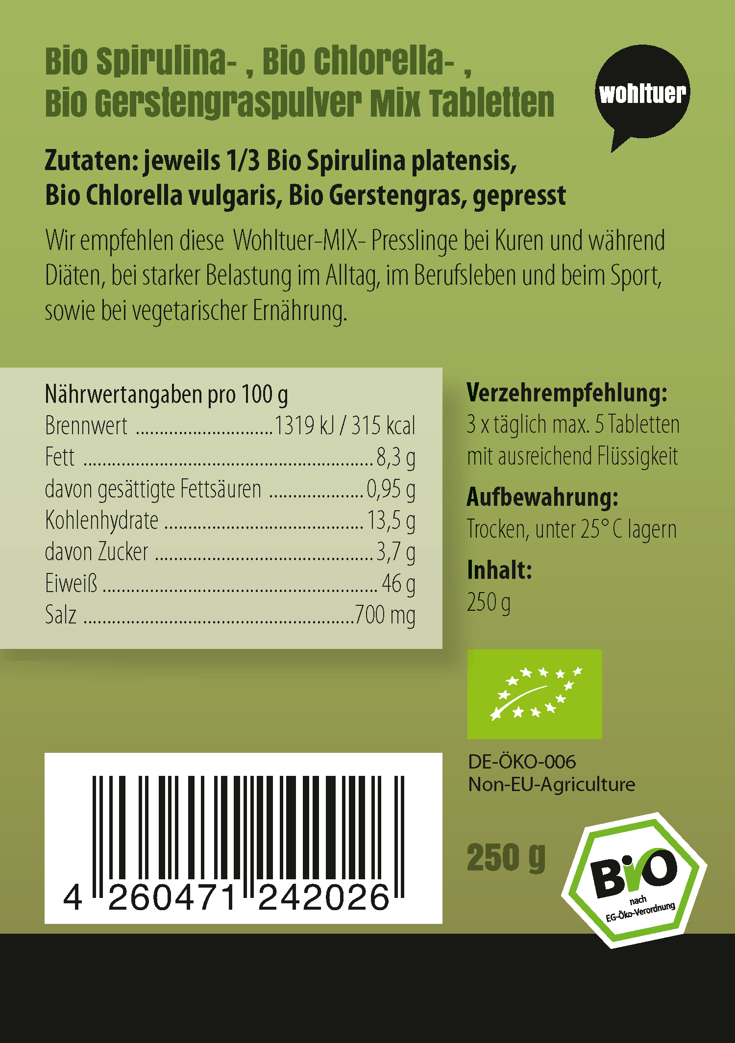 Bio Spirulina-Chlorella-Gerstengras-Mix Presslinge 250g