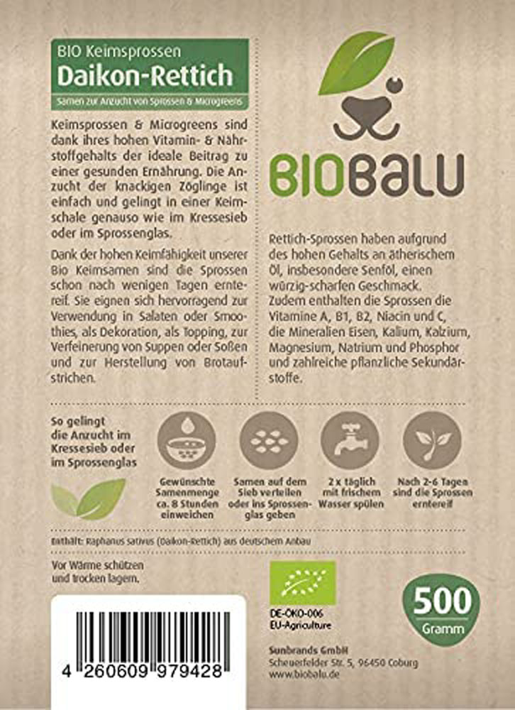 Biobalu Bio Daikon-Rettich Keimsprossen Samen 500g